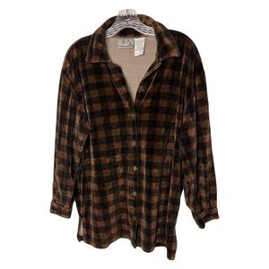JMX | Black Brown Velour Buffalo Plaid Button Down Tunic Shirt, Large